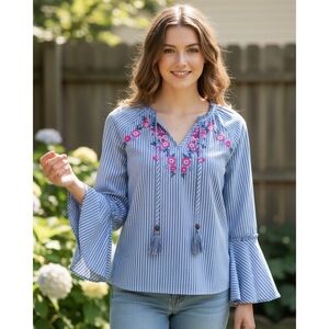 Xhilaration Long Bell sleeve Striped  Embroidered blouse Blue Size S